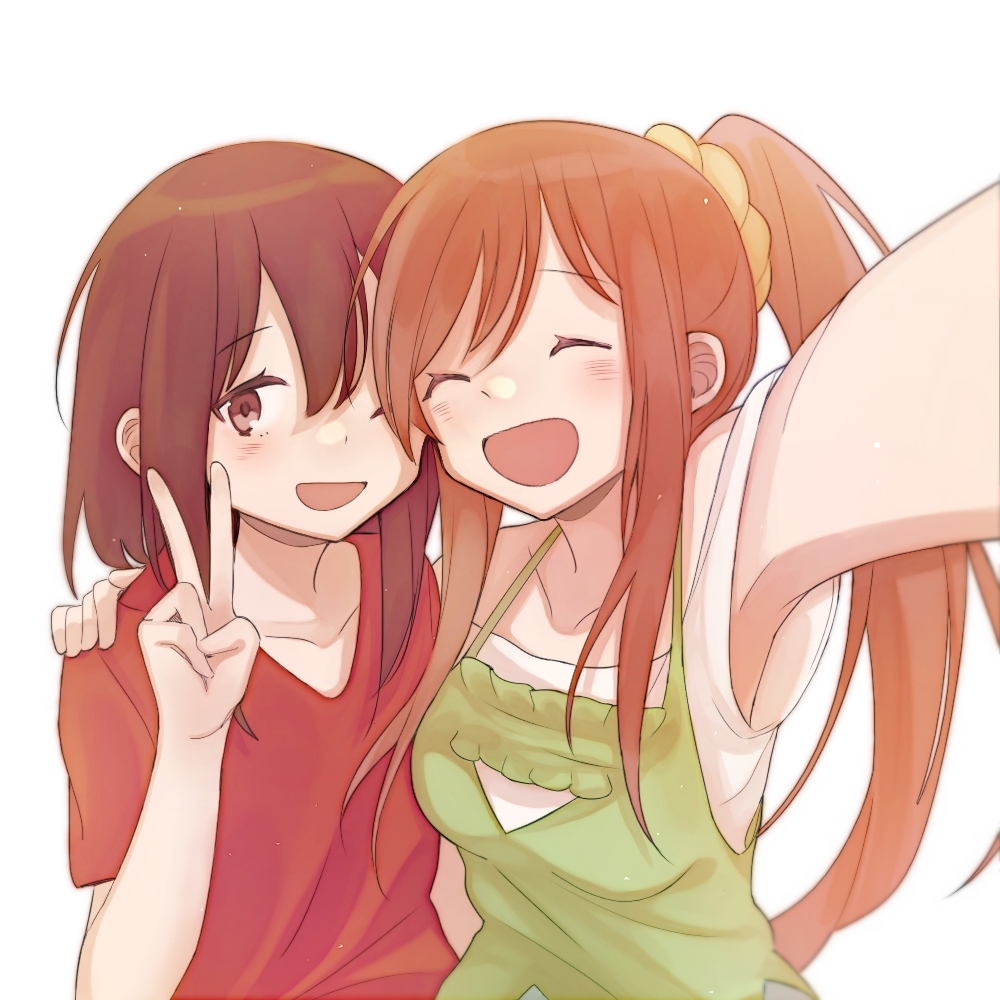 2girls :d ^_^ amber_golley brown_hair closed_eyes hair_between_eyes hand_on_another's_shoulder highway_blossoms inuko_(ink0425) long_hair marina_hale medium_hair multiple_girls one_eye_closed open_mouth orange_hair ponytail selfie side-by-side smile v white_background yuri