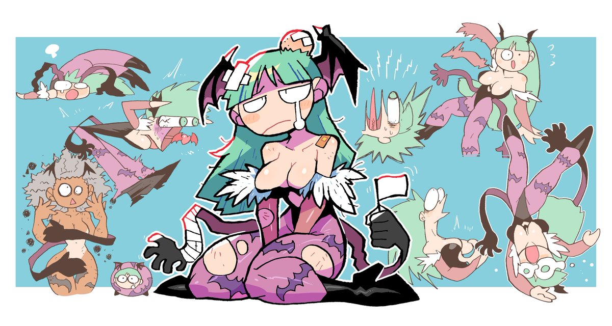 1girl :&lt; :o bandages black_footwear black_leotard black_wings blue_background boots broken_arm cartoonized covering covering_breasts covering_crotch cutout_below_navel demon_girl extra_arms flag head_bump head_wings heart high_heel_boots high_heels kneeling leotard long_hair morrigan_aensland purple_legwear rariatto_(ganguri) tan tanline tears tongue tongue_out triangle_mouth vampire_(game) violence waving_arm white_flag wings
