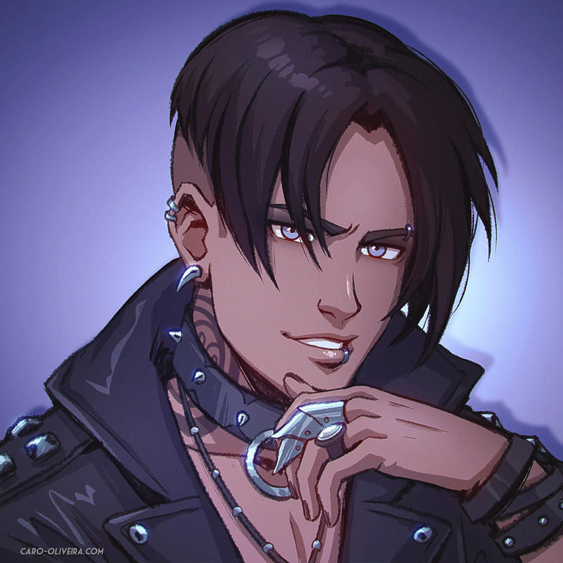 1boy alternate_costume alternate_hairstyle alternate_universe avatar:_the_last_airbender avatar_(series) black_hair blue_eyes caro_oliveira choker claw_ring collar contemporary dark_skin dark_skinned_male ear_piercing english_commentary eyebrow_piercing gothic jacket jewelry leather leather_jacket lip_piercing looking_at_viewer male_focus neck_tattoo necklace nose o-ring o-ring_choker piercing portrait purple_background reward_available ring short_hair sokka spiked_collar spikes studded_jacket tattoo tribal_tattoo undercut