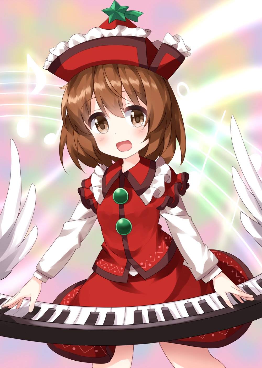 1girl bangs brown_eyes brown_hair collared_vest comet eighth_note eyebrows_visible_through_hair frilled_hat frills hair_between_eyes hat highres instrument keyboard_(instrument) long_sleeves lyrica_prismriver music musical_note open_mouth outdoors playing_instrument rainbow red_headwear red_skirt red_vest ruu_(tksymkw) shirt short_hair skirt sky smile solo standing star_(symbol) touhou vest white_shirt wings