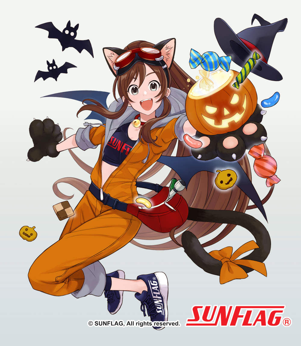 1girl :d animal animal_ear_fluff animal_ears bat bell black_gloves black_headwear black_shirt blue_footwear bow breasts brown_hair candy_wrapper cat_ears cat_tail character_request copyright_name crop_top fangs full_body gloves goggles goggles_on_head gradient gradient_background grey_background grey_eyes halloween halloween_bucket hat jack-o'-lantern jingle_bell jumpsuit long_hair long_sleeves looking_at_viewer official_art open_mouth orange_bow orange_jumpsuit outstretched_arm paw_gloves paws ponytail shirt shoes small_breasts smile solo sunflag tail tail_bow tail_ornament very_long_hair witch_hat yuko_(uc_yuk)