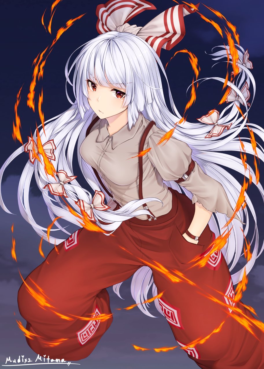 1girl baggy_pants bangs bow buttons collared_shirt fire fujiwara_no_mokou hair_bow highres hime_cut long_hair long_sleeves mitama_mudimudi multiple_hair_bows ofuda ofuda_on_clothes pants red_eyes red_pants ribbon shirt shoes sidelocks silver_hair sleeve_garter suspenders torn_clothes torn_sleeves touhou very_long_hair white_bow white_shirt