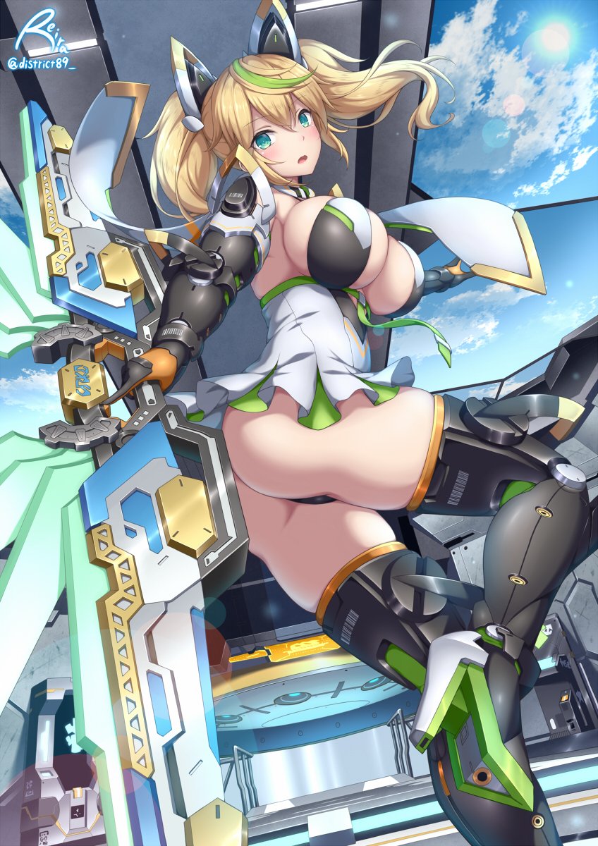 1girl aqua_eyes artist_name ass bakuchiku bangs black_footwear black_gloves black_panties blonde_hair blue_sky boots breasts clouds cloudy_sky dress elbow_gloves english_commentary frilled_dress frills gene_(pso2) gloves green_hair grey_dress headgear high_heel_boots high_heels highres holding holding_weapon large_breasts leg_up looking_at_viewer mechanical_boots mechanical_gloves medium_hair microdress multicolored_hair open_mouth panties phantasy_star phantasy_star_online_2 signature sky solo standing standing_on_one_leg streaked_hair sun thigh-highs thigh_boots thong twintails twitter_username underwear weapon