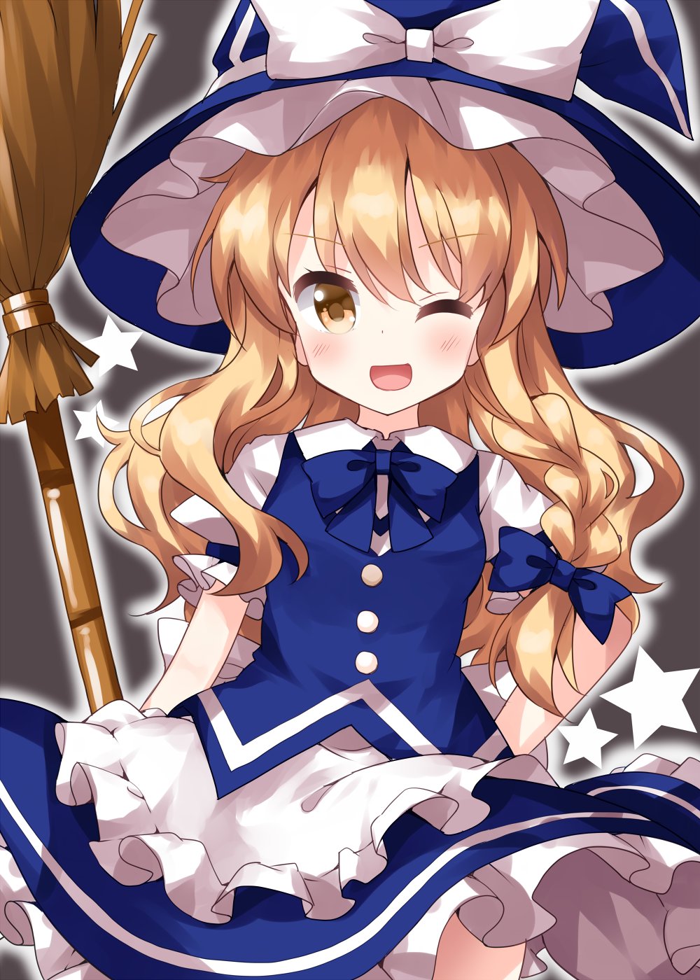 1girl apron blinking blonde_hair blue_bow blue_headwear blue_skirt blue_vest bow bowtie braid breasts broom buttons collared_shirt dress frilled_dress frills hair_bow hat hat_bow highres kirisame_marisa puffy_sleeves ruu_(tksymkw) shirt short_hair short_sleeves side_braid single_braid skirt small_breasts smile touhou vest waist_apron white_bow white_legwear white_shirt yellow_eyes