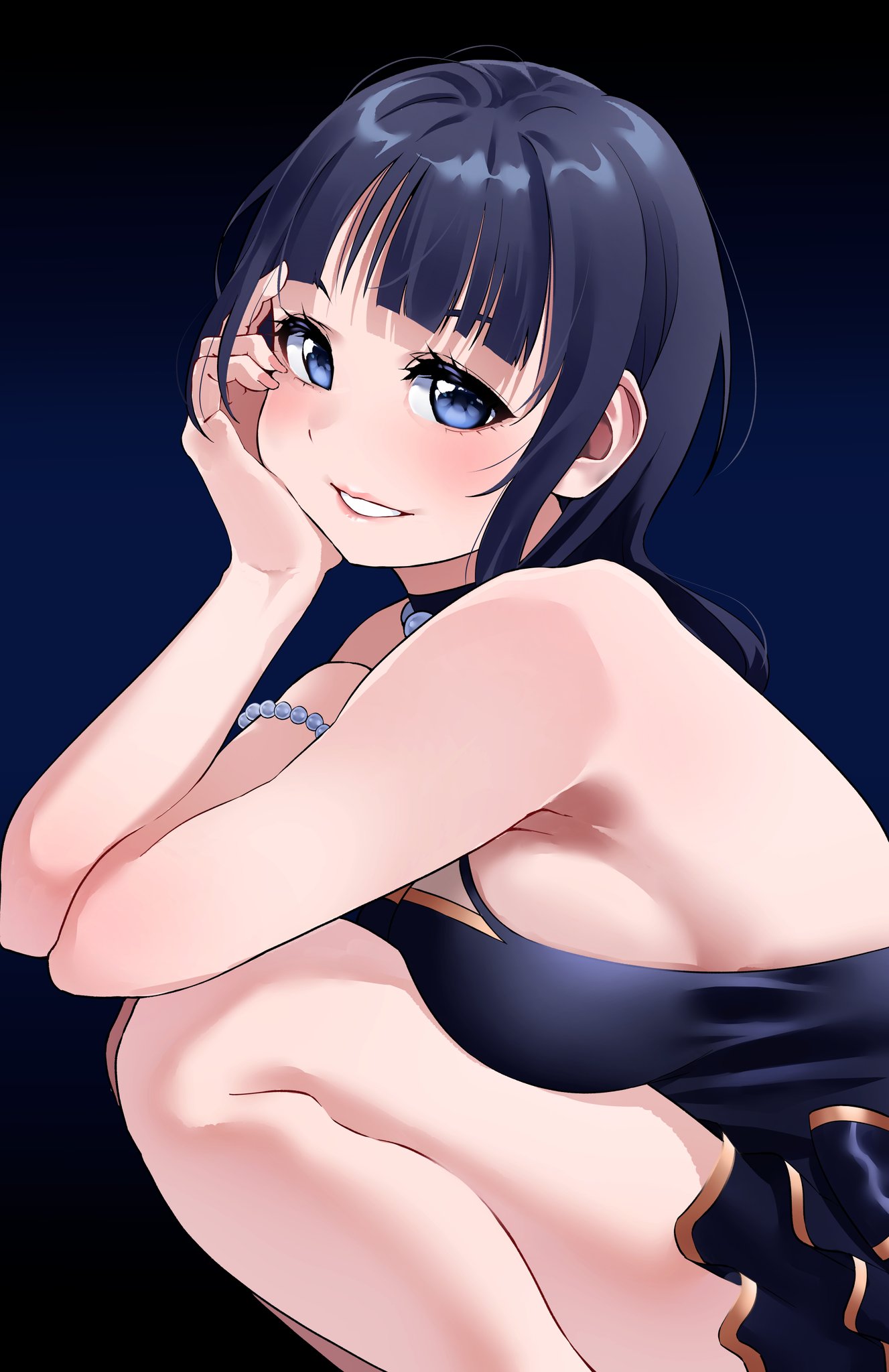 1girl black_dress blue_background blue_dress blue_eyes blue_hair blush bracelet breast_press copyright_request dress from_side hand_up highres igarashi_kyouhei jewelry long_hair looking_at_viewer looking_to_the_side pearl_bracelet simple_background smile solo squatting