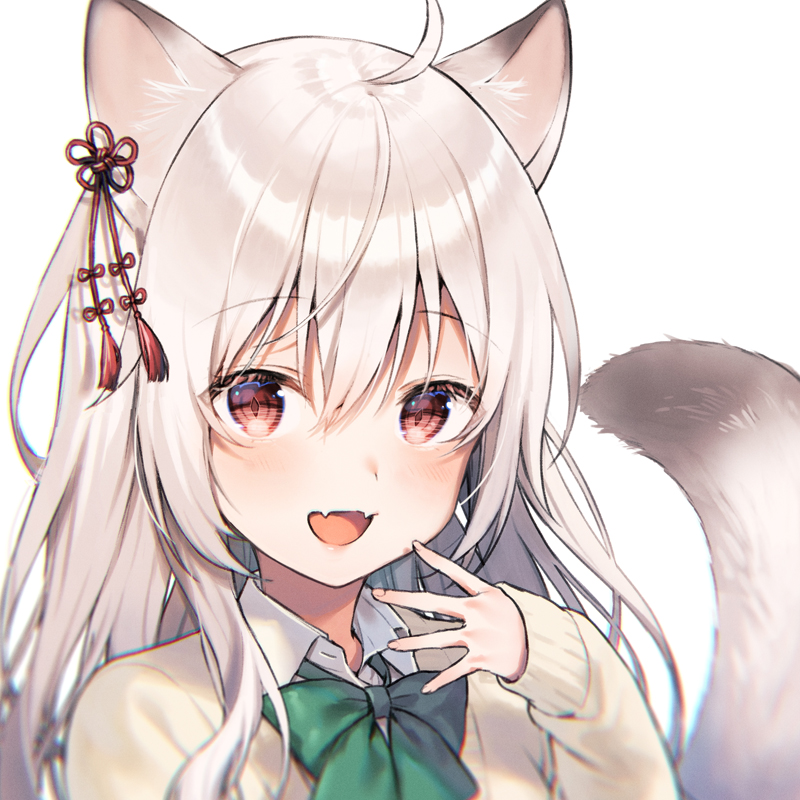1girl :d ahoge animal_ear_fluff animal_ears bangs blush bow brown_sweater collared_shirt commentary_request eyebrows_visible_through_hair fang fox_ears fox_girl fox_tail green_bow hair_between_eyes hair_ornament hand_up long_hair long_sleeves looking_at_viewer midorikawa_you open_mouth original red_eyes school_uniform shirt silver_hair simple_background sleeves_past_wrists smile solo sweater tail tail_raised upper_body white_background white_shirt
