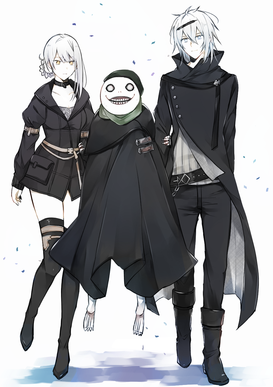 1girl 2boys arm_hug cloak emil_(nier) highres jacket kaine_(nier) kurosawa_kazuto looking_at_viewer multiple_boys nier nier_(series) nier_(young) nier_reincarnation official_alternate_costume silver_hair smile thigh-highs yellow_eyes