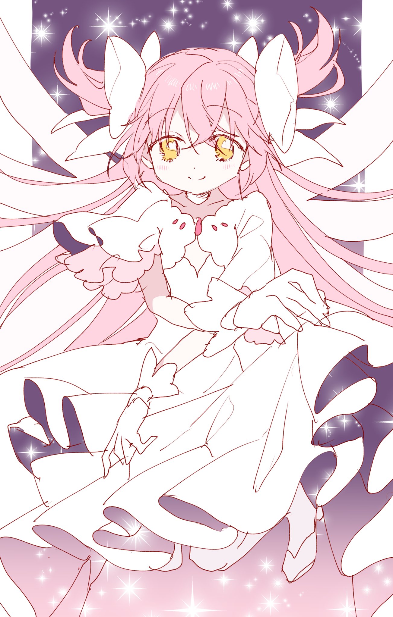 1girl ayumaru_(art_of_life) border cleavage_cutout closed_mouth clothing_cutout collarbone crossed_arms dot_nose dress eyebrows_visible_through_hair eyes_visible_through_hair feet_up floating_hair gloves goddess_madoka gradient hair_between_eyes hair_ribbon highres kaname_madoka knees_together_feet_apart layered_dress layered_sleeves light_blush light_particles long_dress long_hair looking_at_viewer mahou_shoujo_madoka_magica pink_hair pink_legwear purple_background ribbon shiny shiny_hair simple_background skirt_hold smile solo sparkle sparkle_background straight_hair tareme two-tone_dress two_side_up very_long_hair white_border white_dress white_gloves white_ribbon wide_sleeves wings yellow_eyes