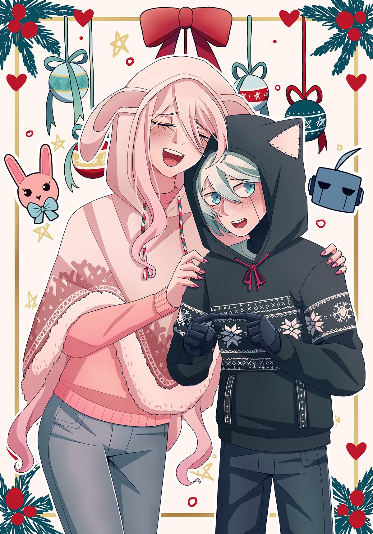 1boy 1girl :d ahoge alternate_costume android animal_hood animal_print bangs black_hoodie black_pants blue_eyes blush bow bunny_hood bunny_print cat_hood cheer_(cheerkitty14) christmas_ornaments closed_eyes dangan_ronpa_(series) dangan_ronpa_v3:_killing_harmony denim grey_hair hands_on_another's_shoulders heart highres hood hoodie index_fingers_together iruma_miu jeans keebo long_hiar nail_polish open_mouth pants pink_nails pink_sweater poncho red_bow smile sweater upper_teeth