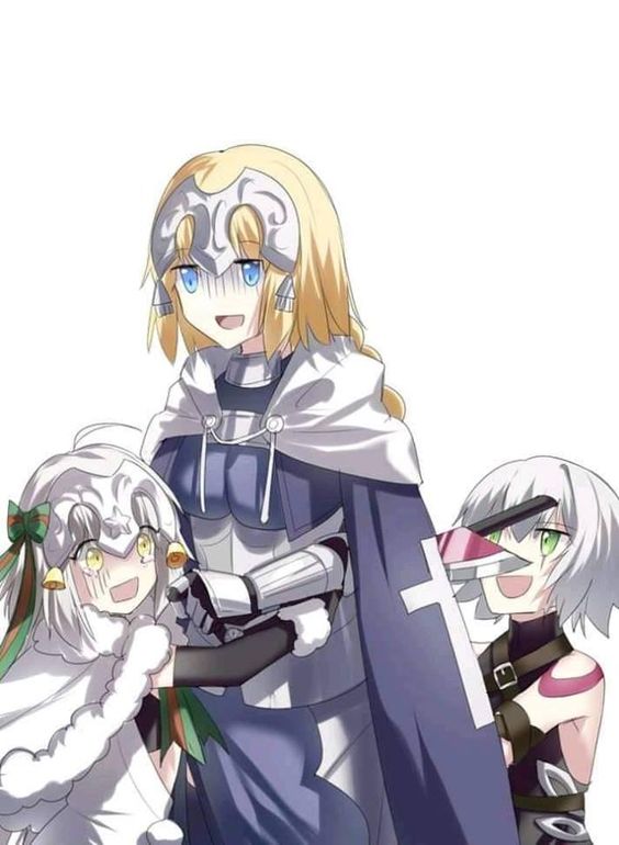 3girls blonde_hair fate/grand_order fate_(series) green_eyes jack_the_ripper_(fate/apocrypha) jeanne_d'arc_(fate) jeanne_d'arc_(fate)_(all) jeanne_d'arc_alter_santa_lily_(fate) knife multiple_girls white_hair