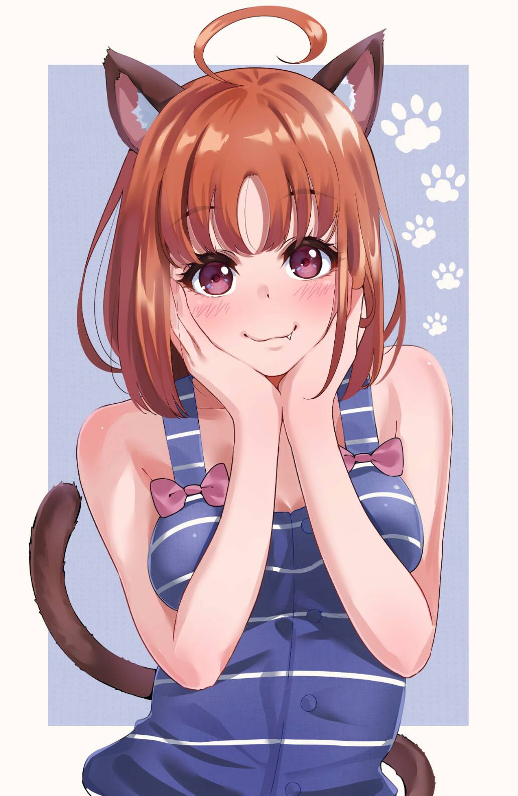 1girl :3 ahoge animal_ears bare_arms bare_shoulders blue_background blue_shirt border bow cat_day cat_ears cat_tail closed_mouth fang fang_out hands_up highres igarashi_kyouhei looking_at_viewer love_live! love_live!_sunshine!! medium_hair orange_hair paw_print pink_bow red_eyes shirt sleeveless sleeveless_shirt smile solo tail takami_chika white_border