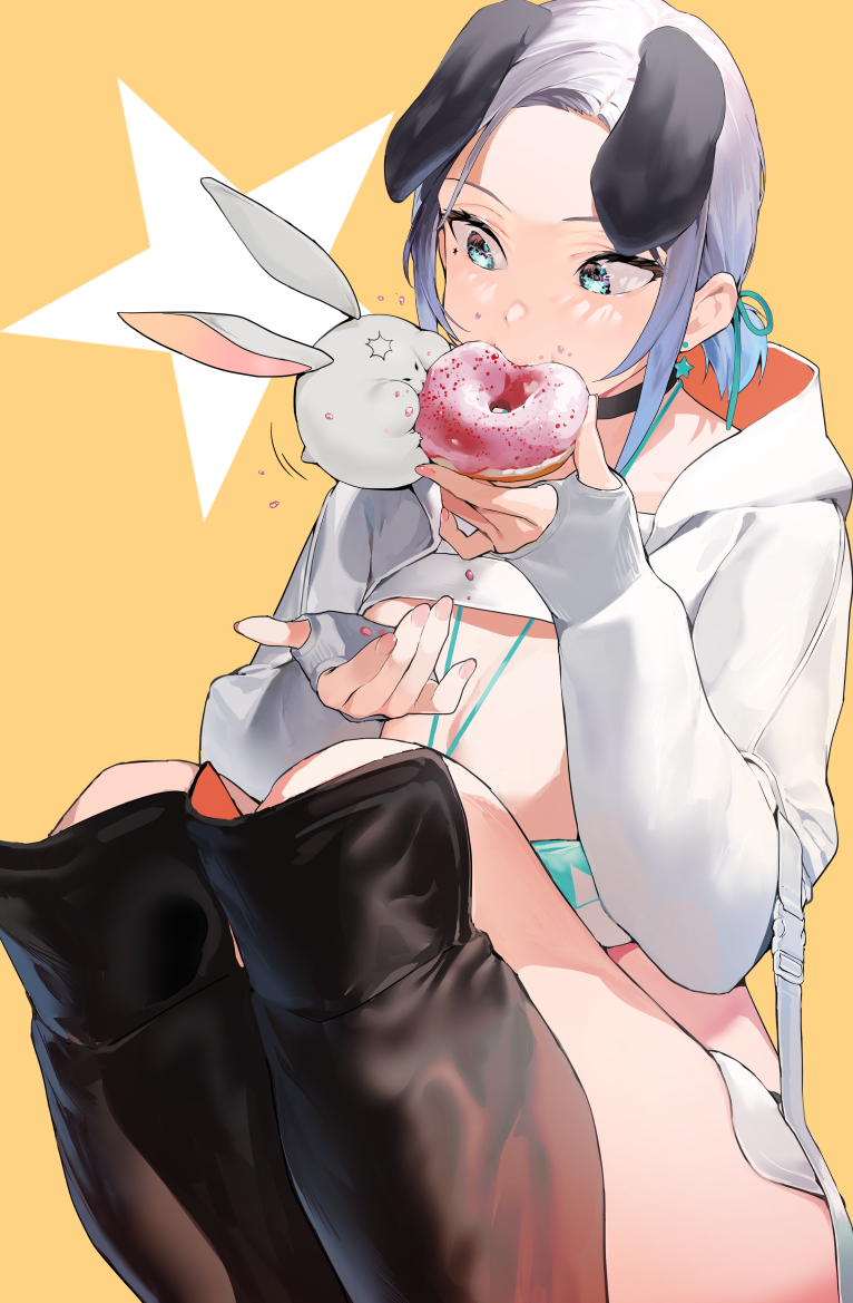 1girl animal_ears blue_eyes boots breasts creature doughnut eating elbow_gloves food forehead gloves hood hoodie ikuchan_kaoru original purple_hair revealing_clothes solo