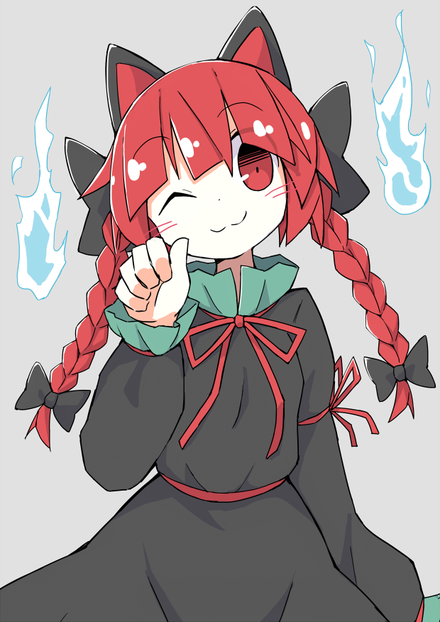 1girl ;3 animal_ears asameshi bangs black_bow black_dress blush_stickers bow braid cat_ears dress grey_background hair_bow hand_up hitodama kaenbyou_rin long_hair long_sleeves looking_at_viewer one_eye_closed red_eyes redhead simple_background smile solo touhou twin_braids