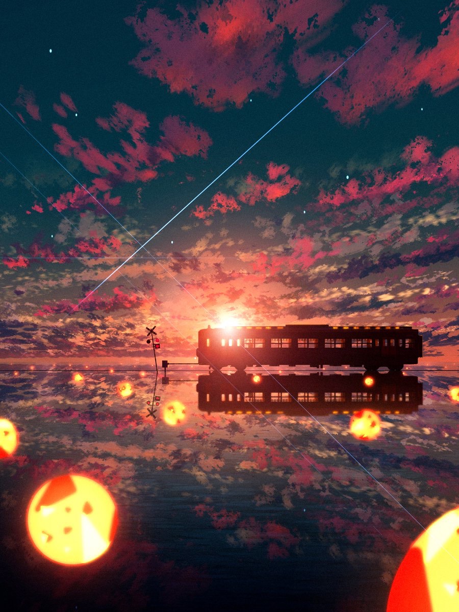 clouds commentary_request dusk glint ground_vehicle highres horizon no_humans ocean original outdoors pedestrian_lights railing railroad_crossing railroad_tracks reflection scenery shadow shuu_illust sign sky star_(sky) starry_sky sun train water