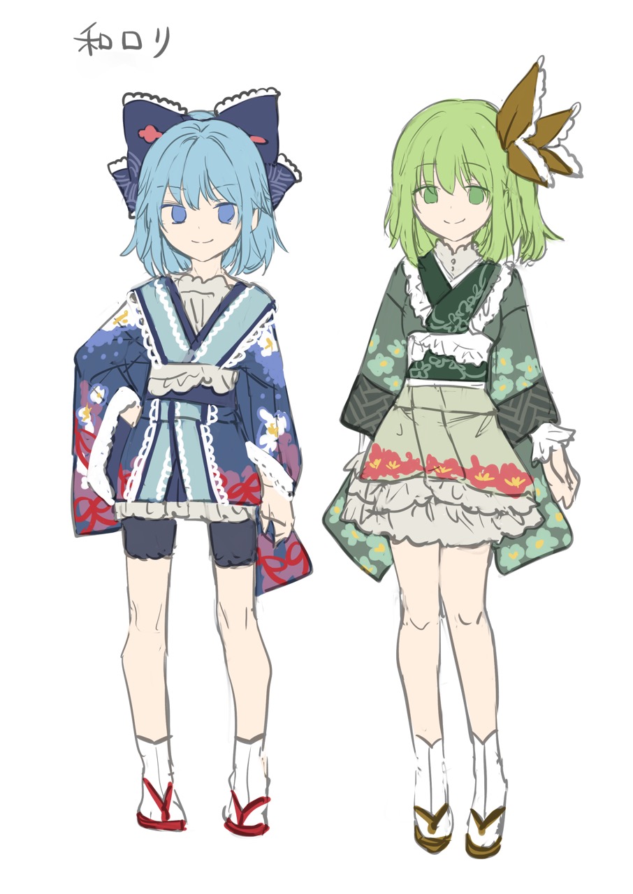 &gt;:) 2girls bangs bike_shorts black_shorts blue_bow blue_eyes blue_hair blue_kimono bow brown_bow brown_footwear cirno closed_mouth daiyousei eyebrows_visible_through_hair floral_print frilled_kimono frills green_eyes green_hair green_kimono hair_between_eyes hair_bow highres japanese_clothes kimono looking_at_viewer multiple_girls obi one_side_up print_kimono red_footwear risui_(suzu_rks) sash short_shorts shorts simple_background smile socks standing tabi touhou translation_request v-shaped_eyebrows white_background white_legwear zouri