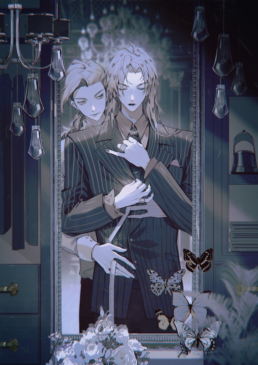 2boys black_lips black_pants bug butterfly buttons closed_eyes closed_mouth diavolo dual_persona flower hand_on_another's_chest highres insect jewelry jojo_no_kimyou_na_bouken light_bulb long_hair long_sleeves looking_at_another mirror monochrome multiple_boys necktie pants plant reflection ribbon ring spotted_hair striped_jacket striped_suit vento_aureo vinegar_doppio wrist_cuffs youamo