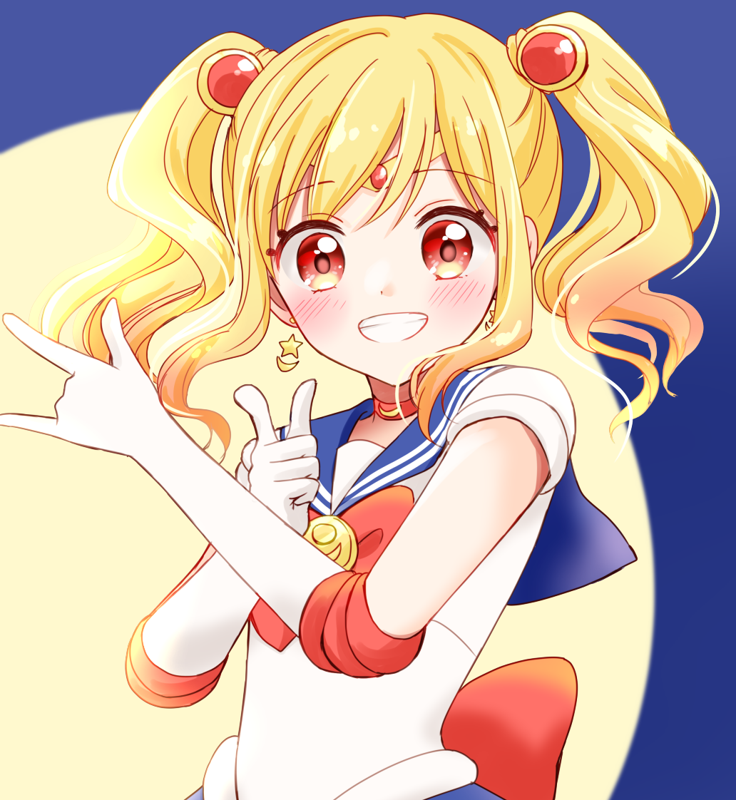 1girl \m/ aikatsu!_(series) aikatsu_stars! back_bow bishoujo_senshi_sailor_moon blonde_hair blue_background blue_sailor_collar bow bowtie choker close-up cosplay crescent crescent_choker crescent_earrings earrings elbow_gloves eyebrows_visible_through_hair finger_gun full_moon gloves gradient_hair grin hair_bow headpiece inner_senshi jewelry looking_at_viewer magical_girl moon multicolored multicolored_eyes multicolored_hair nijino_yume open_mouth parody pink_hair pointing pose red_bow red_choker red_eyes sailor_collar sailor_moon sailor_moon_(cosplay) sailor_senshi sidelocks simple_background smile solo star_(symbol) star_earrings teeth tiramisu651 tsuki_ni_kawatte_oshioki_yo twintails upper_body white_gloves yellow_eyes