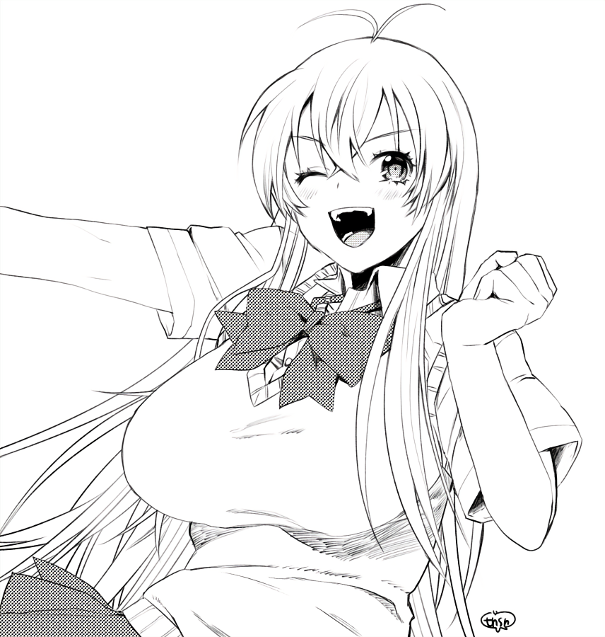 1girl antenna_hair breasts greyscale ikkitousen large_breasts long_hair looking_at_viewer monochrome murata_tefu one_eye_closed open_mouth simple_background skirt smile solo sonsaku_hakufu white_background