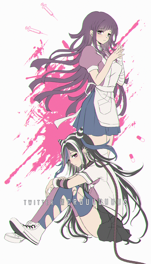 2girls apron bandaged_arm bandages bangs black_hair black_skirt blood blue_skirt blush breasts closed_mouth criis-chan dangan_ronpa_(series) dangan_ronpa_2:_goodbye_despair english_commentary from_side full_body green_eyes hair_horns knees_up long_hair looking_at_viewer mioda_ibuki multicolored_hair multiple_girls neckerchief nurse open_mouth piercing pink_hair pleated_skirt puffy_short_sleeves puffy_sleeves purple_hair sailor_collar school_uniform shirt shoes short_sleeves sitting skirt standing thigh-highs torn_clothes torn_legwear tsumiki_mikan uniform violet_eyes weapon white_footwear white_shirt