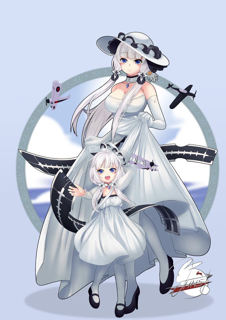 2girls aircraft airplane azur_lane bare_shoulders biplane black_footwear blue_eyes breasts dress elbow_gloves eyebrows_visible_through_hair flight_deck full_body gloves hat high_heels highres illustrious_(azur_lane) johnsonist lace-trimmed_headwear lace_trim large_breasts little_illustrious_(azur_lane) long_dress long_hair multiple_girls open_mouth purple_background sapphire_(gemstone) shoes signature simple_background skirt_hold sleeveless sleeveless_dress strapless strapless_dress sun_hat swordfish_(airplane) very_long_hair white_dress white_gloves white_hair white_headwear