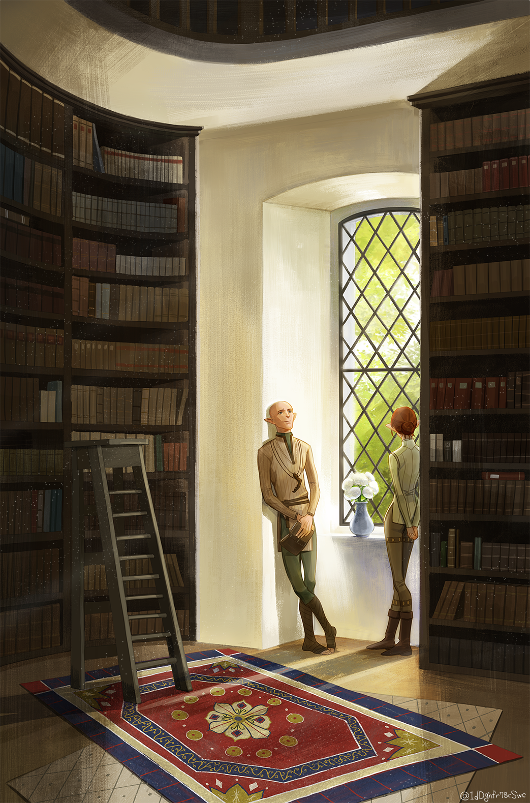 1boy 1girl artist_name bald book bookshelf boots cheetahman_(1ddghfr78cswc) dragon_age dragon_age:_inquisition elf flower hair_bun hands_together highres holding holding_book indoors inquisitor_(dragon_age) jewelry ladder leaning library looking_out_window looking_up necklace pants pointy_ears redhead rug shirt smile solas vase window