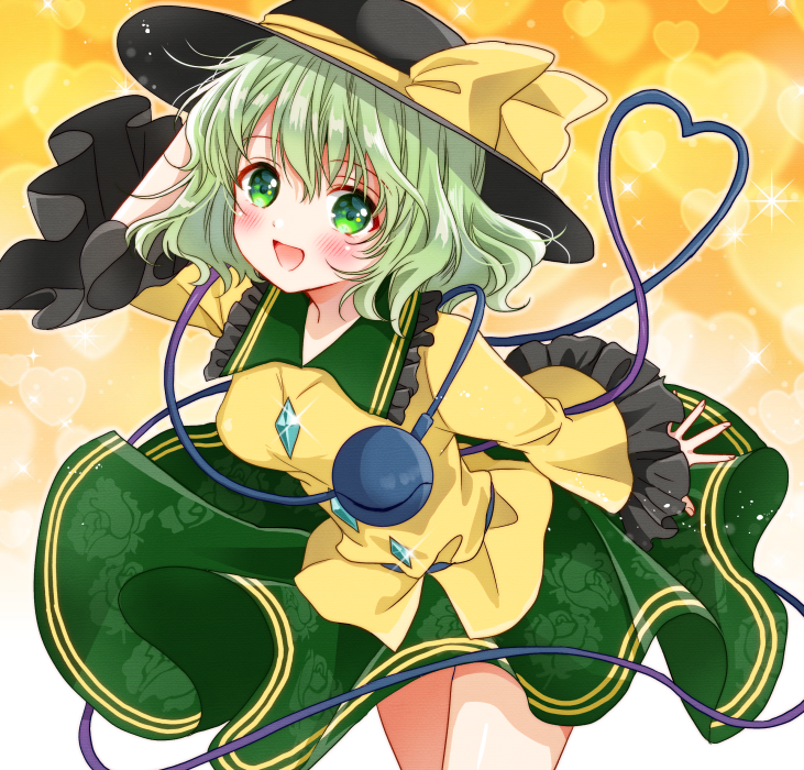 1girl :d black_headwear blush breasts commentary cowboy_shot eyebrows_visible_through_hair floral_print frilled_sleeves frills gem glint gradient gradient_background green_eyes green_hair green_skirt hair_between_eyes hand_on_own_head hat hat_ribbon heart heart_background heart_of_string komeiji_koishi leaning_forward light_green_hair light_particles looking_at_viewer medium_breasts okawa_friend open_mouth orange_background ribbon shirt short_hair skirt smile solo sparkle thighs third_eye touhou wavy_hair wide_sleeves yellow_ribbon yellow_shirt