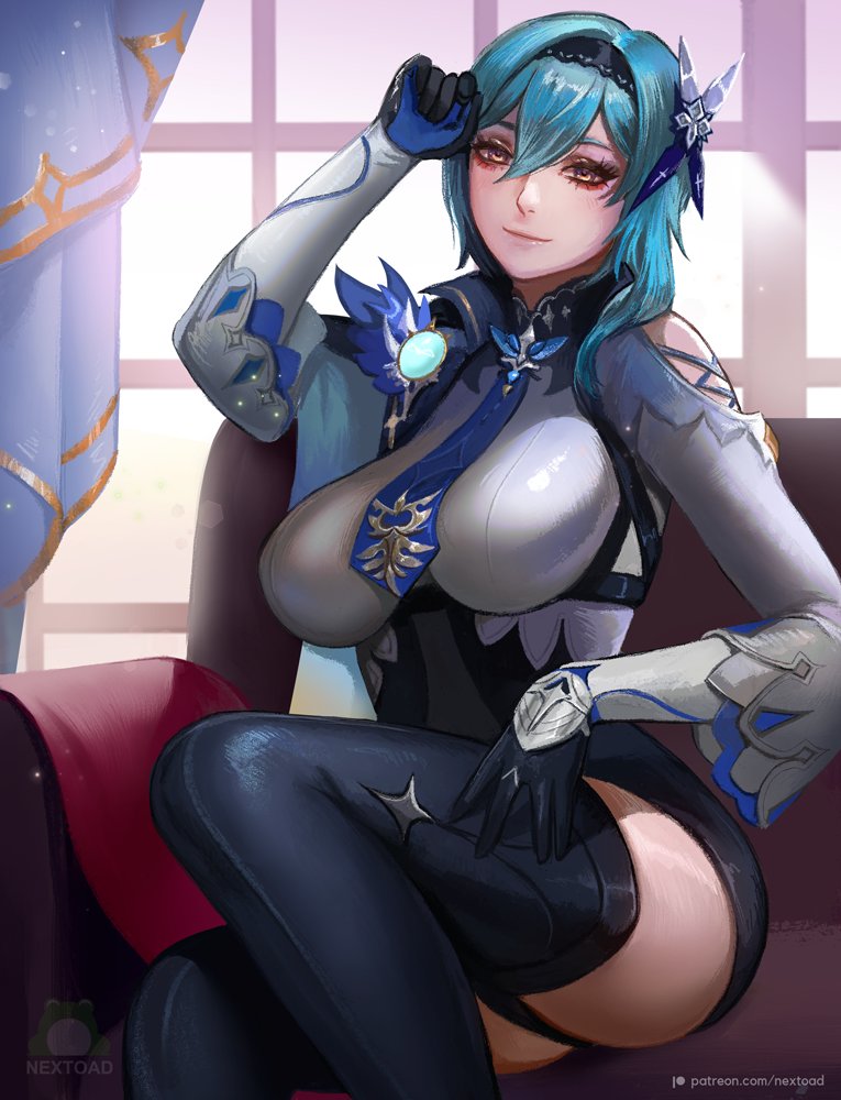 1girl aqua_hair bangs black_gloves breasts clothing_cutout couch dress eula_(genshin_impact) genshin_impact gloves hair_between_eyes hair_ornament hairband hand_on_own_head hand_on_own_thigh large_breasts long_sleeves looking_at_viewer necktie nextoad patreon_username shoulder_cutout sitting solo thigh-highs watermark white_dress window yellow_eyes zettai_ryouiki