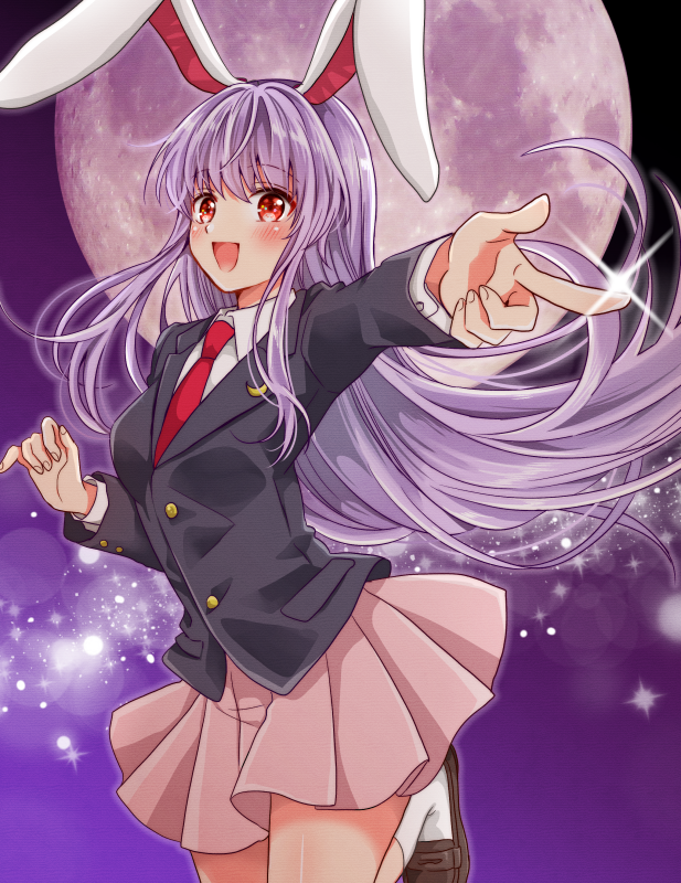 1girl :d animal_ears black_jacket blazer blush breasts brown_footwear collared_shirt commentary cowboy_shot dress_shirt eyebrows_visible_through_hair finger_gun floating_hair foot_out_of_frame full_moon glint gradient gradient_background jacket light_particles light_purple_hair long_hair long_sleeves looking_at_viewer medium_breasts miniskirt moon necktie okawa_friend open_mouth outstretched_arm pink_skirt pleated_skirt purple_background rabbit_ears red_eyes red_neckwear reisen_udongein_inaba shirt shoes skirt smile socks solo sparkle touhou very_long_hair white_legwear white_shirt wing_collar