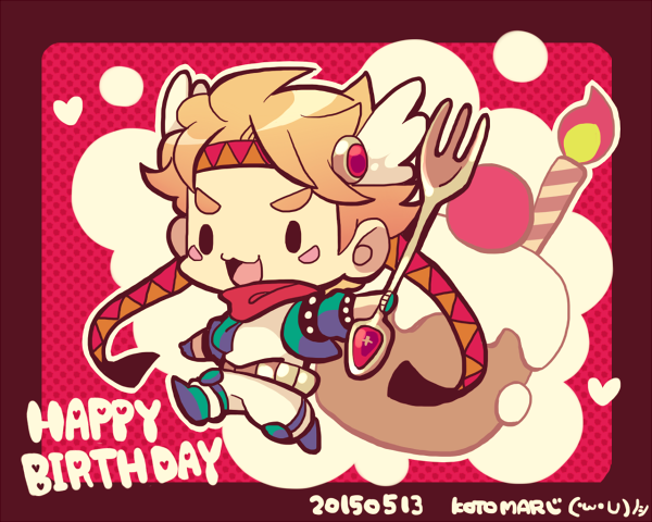 1boy :3 artist_name battle_tendency birthday blonde_hair caesar_anthonio_zeppeli candle chibi commentary_request cupcake dated facial_mark fingerless_gloves food fork full_body gloves green_footwear green_gloves green_jacket happy_birthday headband heart holding holding_fork jacket jojo_no_kimyou_na_bouken knee_pads kotorai male_focus no_nose open_mouth outstretched_arms oversized_object pants polka_dot polka_dot_background red_scarf red_stone_of_aja red_theme scarf shirt solid_oval_eyes solo spread_arms triangle_print v-shaped_eyebrows white_pants white_shirt wing_hair_ornament