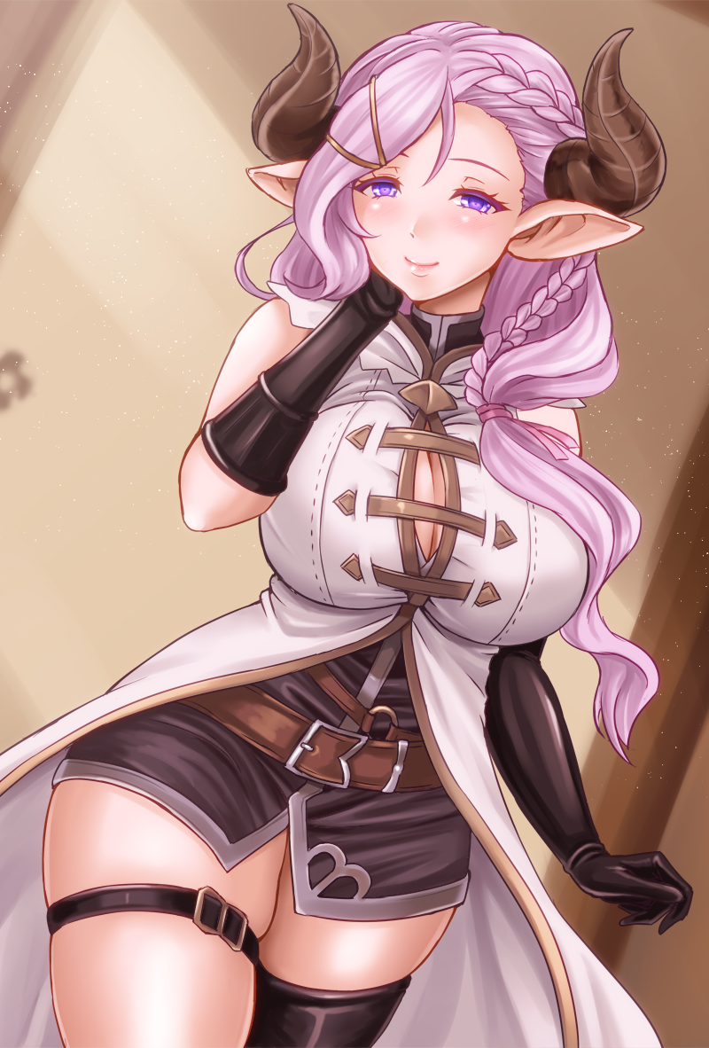 1girl asymmetrical_gloves black_gloves black_legwear blue_eyes bottomless braid breasts cosplay demon_horns draph elbow_gloves gloves granblue_fantasy hair_ornament horns large_breasts laruna_(granblue_fantasy) light_purple_hair long_hair low_tied_hair narmaya_(granblue_fantasy) narmaya_(granblue_fantasy)_(cosplay) pointy_ears single_braid single_thighhigh sleeveless suzuki_sakura thigh-highs thigh_strap