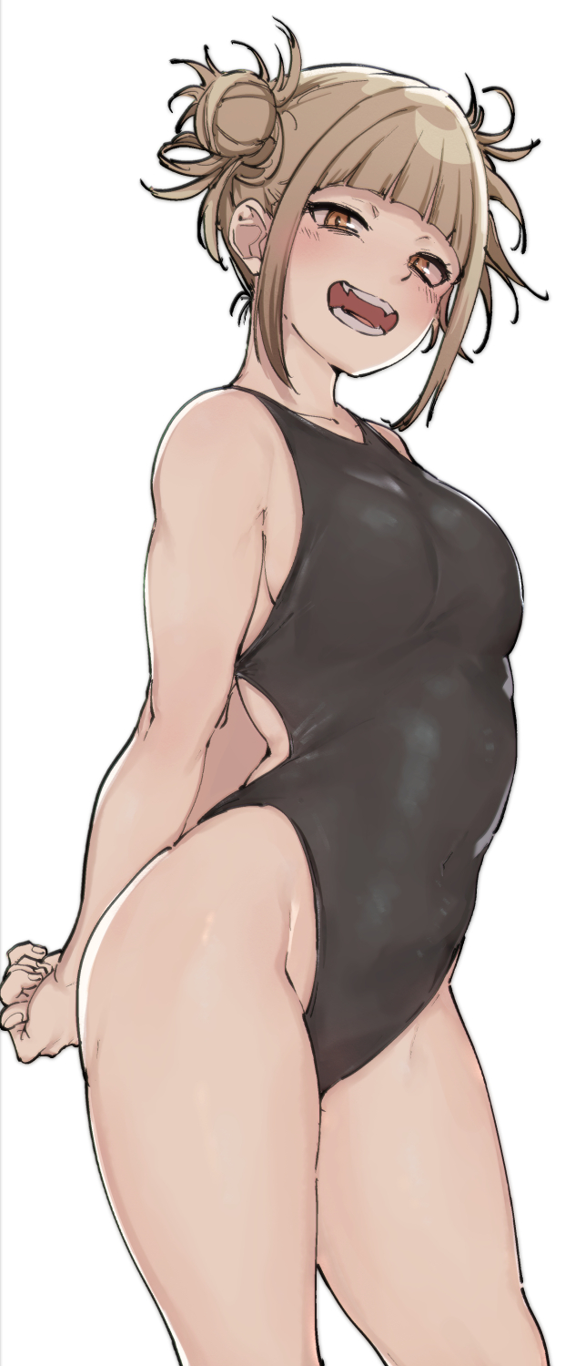 1girl :d alp arms_behind_back bare_shoulders black_swimsuit blonde_hair blush boku_no_hero_academia breasts commentary_request contrapposto cowboy_shot double_bun eyebrows_behind_hair from_below highres looking_at_viewer medium_breasts messy_hair one-piece_swimsuit open_mouth simple_background smile solo swimsuit teeth toga_himiko white_background yellow_eyes