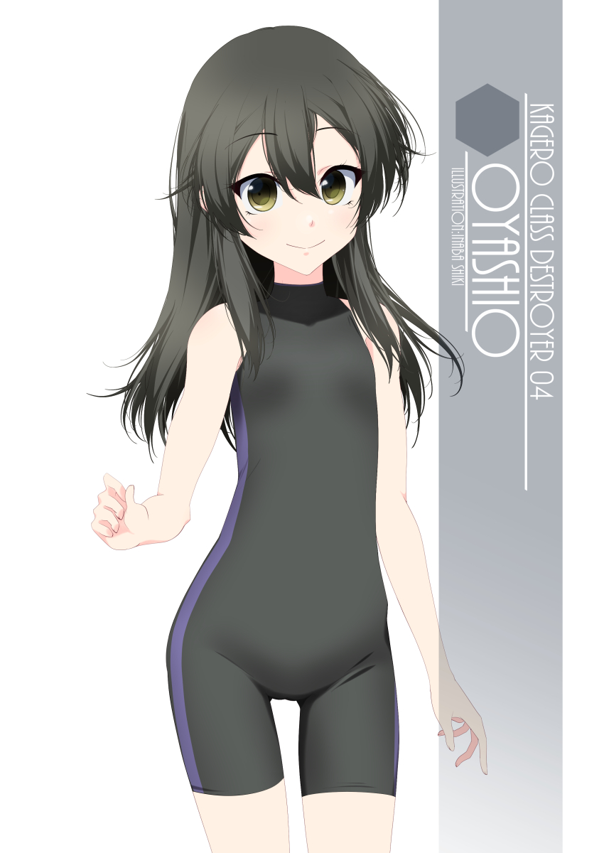 1girl artist_name black_hair black_swimsuit black_wetsuit character_name cowboy_shot flat_chest highres inaba_shiki kantai_collection long_hair looking_at_viewer one-hour_drawing_challenge oyashio_(kancolle) simple_background solo standing swimsuit white_background yellow_eyes