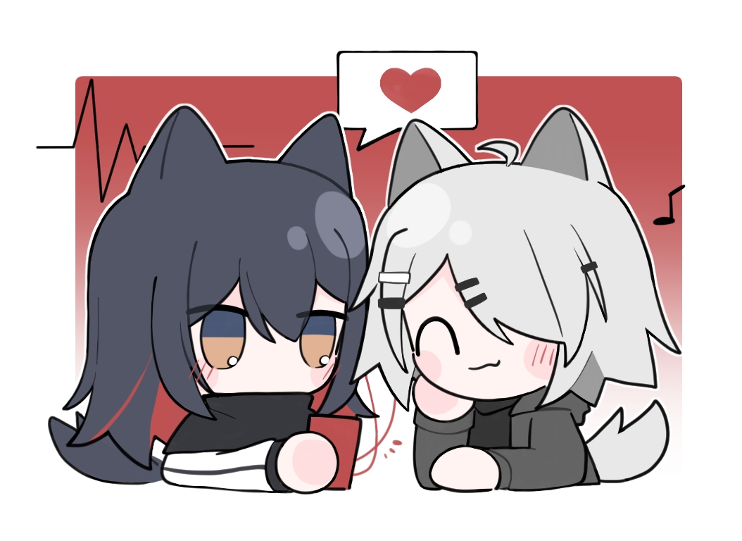 2girls animal_ears arknights bangs black_capelet black_hair black_shirt blush_stickers brown_eyes capelet cardiogram cellphone chibi closed_eyes closed_mouth commentary_request cropped_torso earphones earphones eighth_note fang fang_out grey_jacket hair_between_eyes hair_ornament hair_over_one_eye hairclip heart holding holding_phone hood hood_down hooded_jacket jacket lappland_(arknights) multiple_girls musical_note open_clothes open_jacket phone shared_earphones shirt spoken_heart tail texas_(arknights) upper_body white_jacket xijian