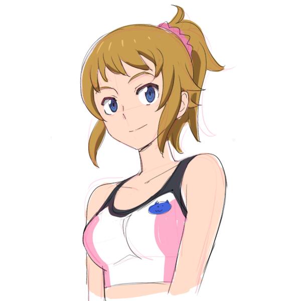 1girl blue_eyes breasts brown_hair closed_mouth gundam gundam_build_fighters gundam_build_fighters_try hoshino_fumina kei-co looking_at_viewer medium_hair ponytail simple_background smile solo sports_bra white_background
