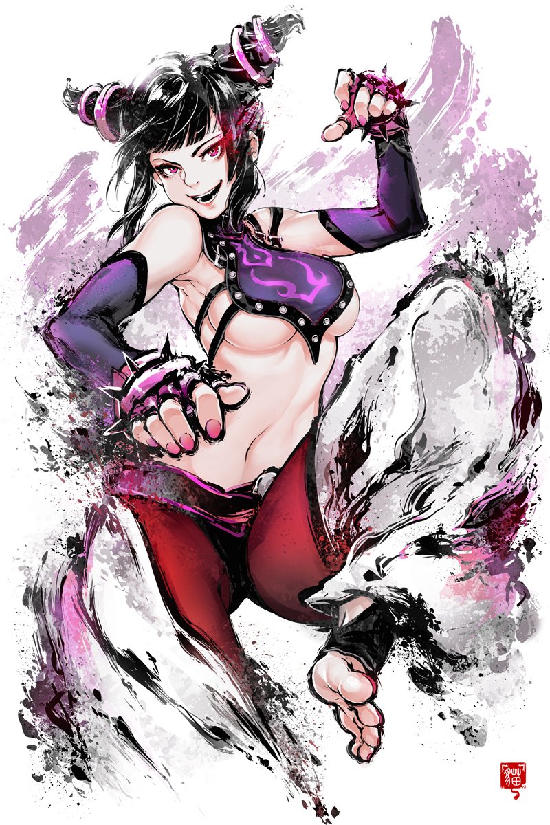 1girl bangs barefoot blunt_bangs breasts chinese_clothes drill_hair dudou elbow_gloves fingerless_gloves gloves halter_top halterneck han_juri hand_up highres leg_up looking_at_viewer medium_breasts navel parted_lips pink_nails red_shorts robot_cat shorts sidelocks smile solo street_fighter twin_drills under_boob