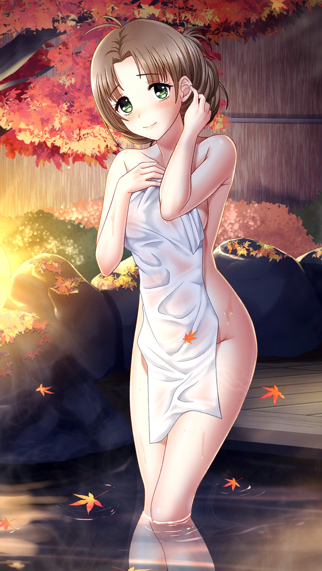 1girl antenna_hair autumn_leaves bangs blush breasts brown_hair closed_mouth collarbone covering doukyuusei_2 doukyuusei_another_world eyebrows_visible_through_hair game_cg green_eyes leaf looking_at_viewer maple_leaf medium_breasts night nude_cover official_art onsen outdoors shiny shiny_hair sideboob smile solo standing sugimoto_sakurako tied_hair towel wading white_towel