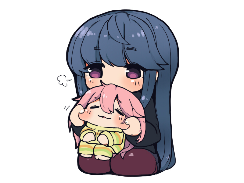 2girls :3 arms_up bangs barefoot black_sweater blue_hair blush cheek_pinching cheek_pull chibi closed_eyes dark_blue_hair eyebrows_visible_through_hair hair_between_eyes hair_intakes hood hood_down hoodie kagamihara_nadeshiko kneeling long_hair long_sleeves multiple_girls nekodason parted_lips pinching pink_hair red_legwear shima_rin simple_background sitting sitting_on_lap sitting_on_person striped striped_hoodie striped_legwear sweater swept_bangs very_long_hair violet_eyes white_background yellow_hoodie yellow_legwear yurucamp