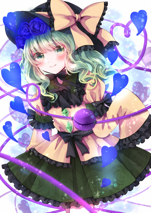 1girl blouse blue_flower blue_rose blush bow feet_out_of_frame flower frills green_eyes green_hair green_skirt hat hat_bow heart heart_of_string jaku_sono koishi_day komeiji_koishi long_hair looking_at_viewer oversized_clothes rose simple_background skirt smile solo touhou white_background yellow_blouse yellow_bow