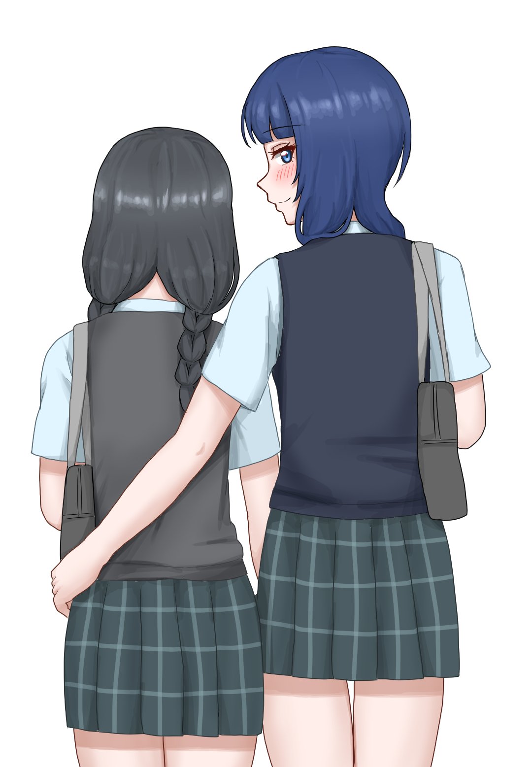 2girls asaka_karin bangs black_hair blue_eyes blue_hair blue_shirt blush braid collared_shirt dress_shirt highres hrud214 long_hair love_live! love_live!_nijigasaki_high_school_idol_club low_twintails medium_hair multiple_girls nakagawa_nana nijigasaki_academy_uniform plaid plaid_skirt pleated_skirt school_uniform shirt short_sleeves skirt summer_uniform sweater_vest swept_bangs twin_braids twintails white_shirt white_skirt yuri