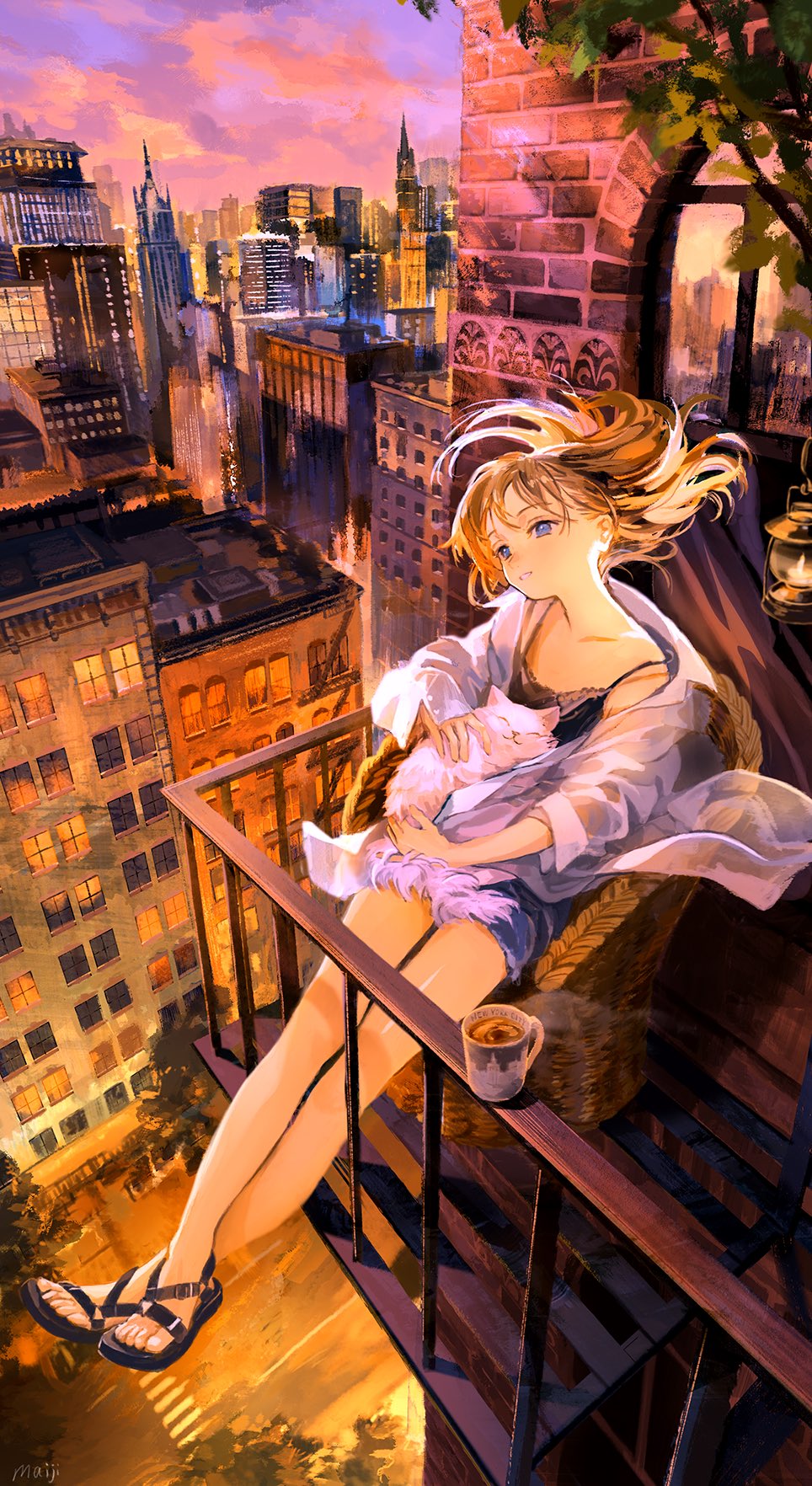 1girl animal artist_name balcony bangs bare_shoulders black_footwear blonde_hair blue_eyes building cat chair city cityscape clouds cloudy_sky collarbone commentary_request crossed_legs cup denim denim_shorts full_body highres holding holding_animal holding_cat lantern long_hair long_sleeves looking_away maij new_york off_shoulder original parted_lips pet place_name road rooftop sandals scenery shirt short_shorts shorts sitting sky smile solo urban white_cat white_shirt wind window
