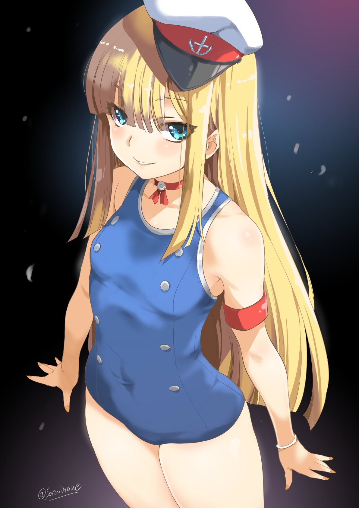 1girl armband armpit_peek blonde_hair blue_eyes blue_swimsuit blush bracelet breasts choker cowboy_shot fate/grand_order fate_(series) fingernails hat highres inoue_sora jewelry long_hair looking_at_viewer lord_el-melloi_ii_case_files mini_hat one-piece_swimsuit parted_lips peaked_cap reines_el-melloi_archisorte revision sidelocks small_breasts smile solo swimsuit twitter_username