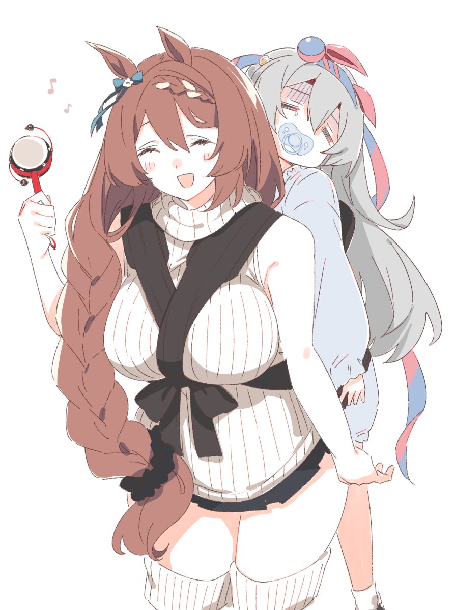 2girls :d baby bare_arms blue_bow blush bow braid breasts brown_hair carrying character_request closed_eyes cowboy_shot ear_bow facing_viewer grey_hair hair_over_shoulder highres holding large_breasts long_hair long_sleeves multiple_girls musical_note nekoume open_mouth pacifier piggyback simple_background single_braid smile sweater tagme thigh-highs turn_pale umamusume very_long_hair white_background white_sweater