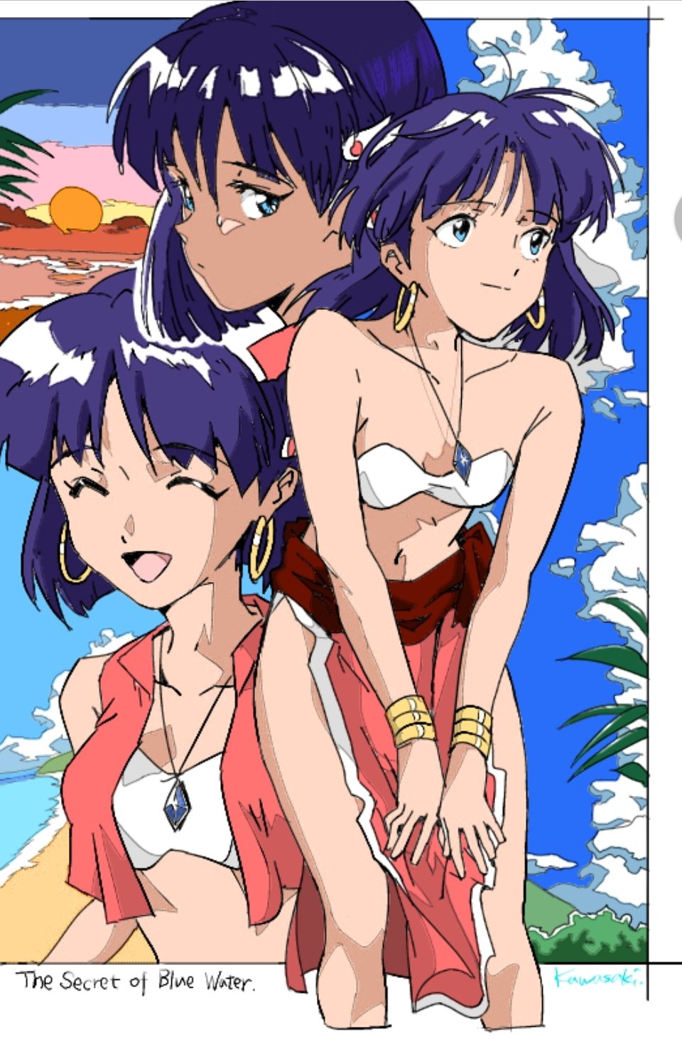 1girl bandeau bare_shoulders blue_eyes bracelet closed_mouth dark_skin dark-skinned_female earrings fushigi_no_umi_no_nadia hair_ornament hairclip highres jewelry loincloth looking_at_viewer midriff nadia neck_ring necklace open_mouth purple_hair s_aki0330 short_hair smile solo strapless sunset tubetop vest
