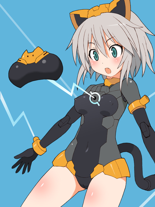 1girl :o animal_ears black_leotard blush breast_expansion breasts cat_ears covered_navel fake_animal_ears fang grey_hair joints leotard looking_down mechanical_ears mechanical_tail medium_breasts model_kit plamo richetta_(30ms) robot_joints shishimaru_ken'ya short_hair solo surprised tail thirty_minutes_sisters