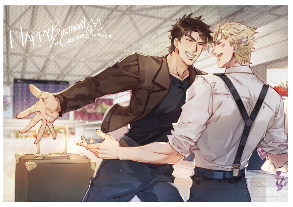 2boys airport alternate_costume battle_tendency belt birthday black_shirt blonde_hair border bouquet brown_jacket caesar_anthonio_zeppeli chinese_commentary closed_eyes collarbone commentary_request dated facial_mark facing_another flower grin hair_bobbles hair_ornament happy happy_birthday hermithessa holding holding_bouquet imminent_hug jacket jojo_no_kimyou_na_bouken joseph_joestar_(young) lapel male_focus multiple_boys open_mouth outstretched_arms pants shirt short_hair sleeves_pushed_up smile suitcase suspenders white_border white_shirt