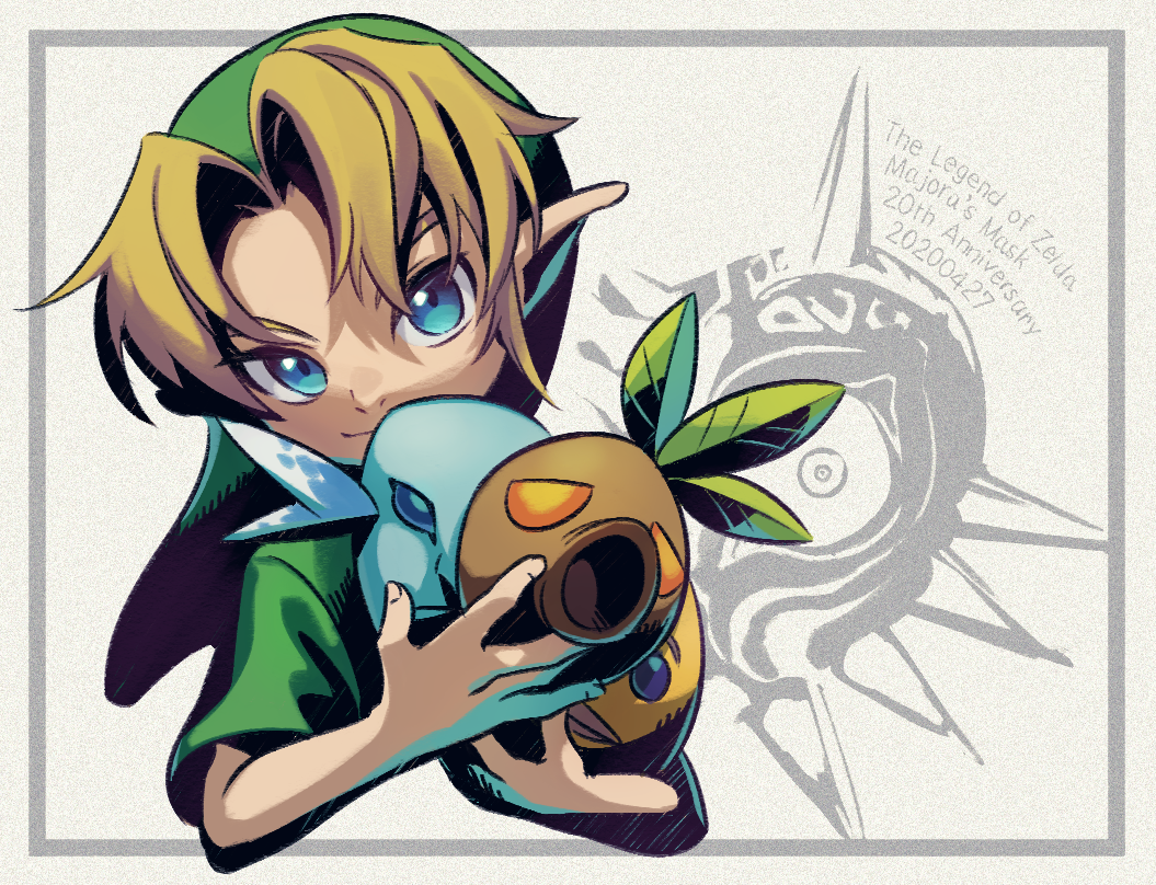 1boy blonde_hair blue_eyes commentary_request cropped_torso english_text green_headwear green_shirt grey_background holding holding_mask link male_focus mask pointy_ears shirt the_legend_of_zelda the_legend_of_zelda:_majora's_mask ukata young_link