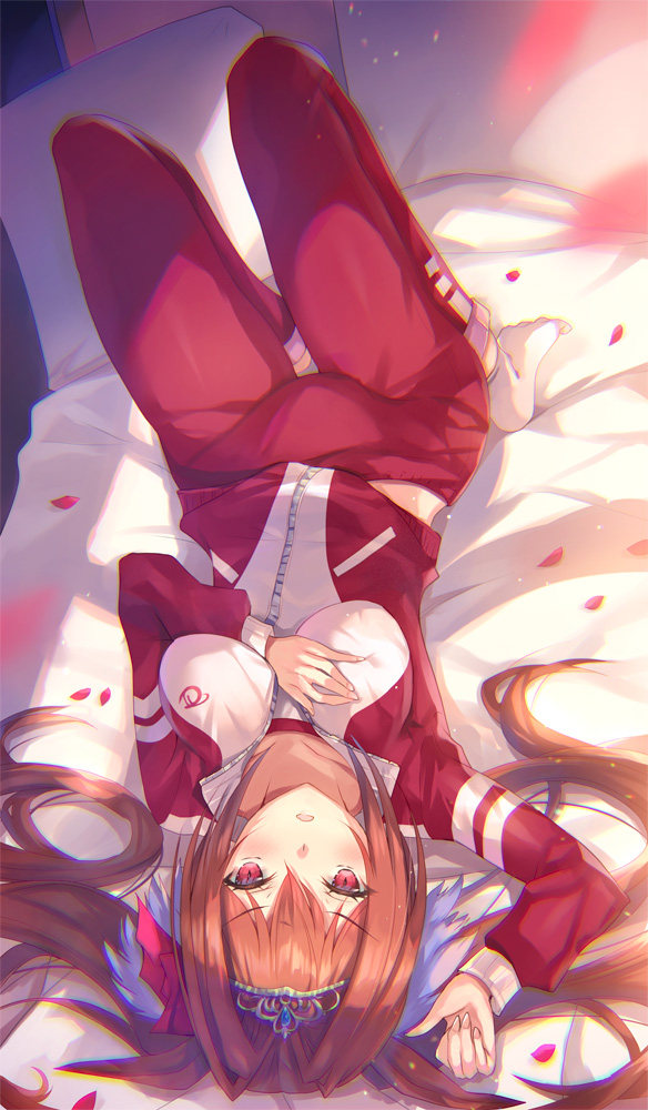 1girl animal_ears bangs blush breasts brown_hair daiwa_scarlet_(umamusume) hair_intakes hinot horse_ears horse_girl horse_tail jacket large_breasts long_hair long_sleeves lying on_back open_mouth pants red_eyes red_jacket red_pants tail tiara track_jacket track_suit twintails umamusume upside-down very_long_hair