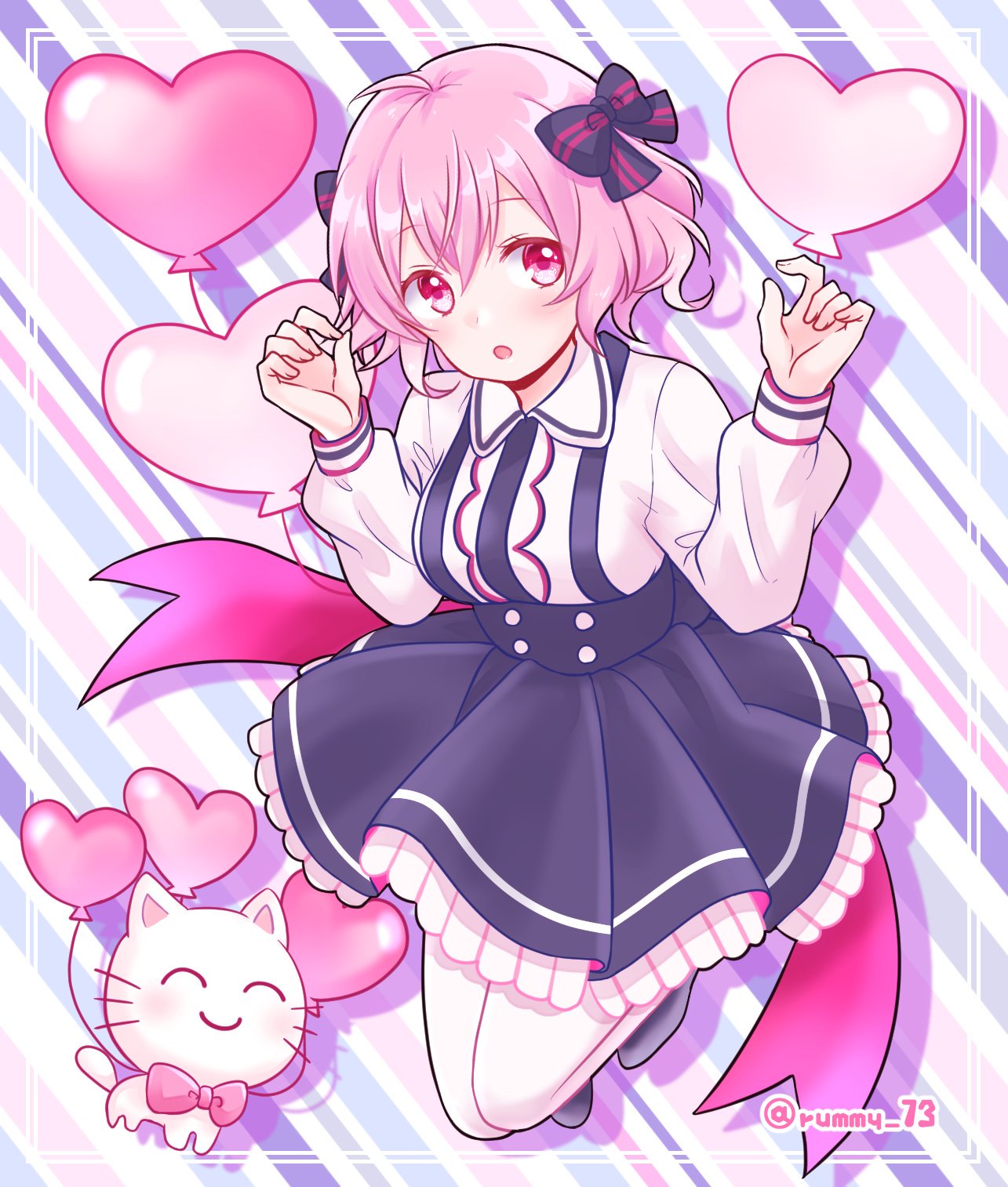 1girl bow breasts cat heart_balloon highres long_sleeves looking_at_viewer niconico nqrse open_mouth pink_eyes pink_hair rummy_73 short_hair simple_background skirt smile solo striped striped_background striped_bow utaite_(singer)