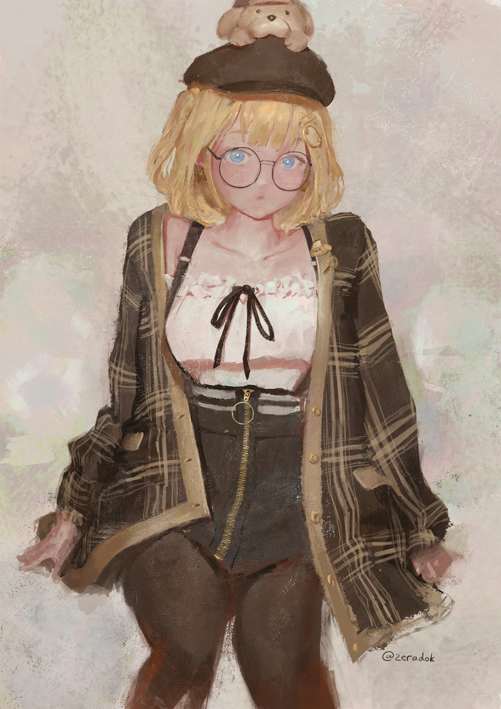 1girl animal_on_head black-framed_eyewear black_legwear black_skirt blonde_hair blue_eyes bubba_(watson_amelia) cabbie_hat deerstalker detective dog dog_on_head english_commentary frilled_shirt_collar frills glasses hair_ornament hat high-waist_skirt highres hololive hololive_english invisible_chair monocle_hair_ornament on_head pantyhose pins plaid_cardigan puppy round_eyewear short_hair sitting skirt solo twitter_username virtual_youtuber watson_amelia zeradok zipper_pull_tab zipper_skirt