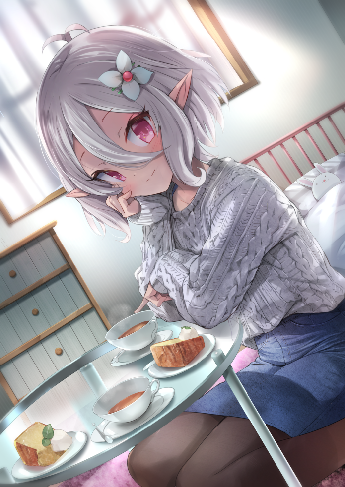 1girl ahoge antenna_hair aran_sweater bangs bed black_legwear blue_skirt blush chest_of_drawers closed_mouth commentary_request cup curtains denim denim_skirt dutch_angle eyebrows_visible_through_hair flower food glass_table grey_hair grey_sweater hair_between_eyes hair_flower hair_ornament indoors inuno_pesu kokkoro_(princess_connect!) long_sleeves pantyhose pointy_ears princess_connect! princess_connect!_re:dive red_eyes saucer short_hair sitting skirt sleeves_past_wrists smile solo spoon sweater table teacup transparent wariza white_flower window